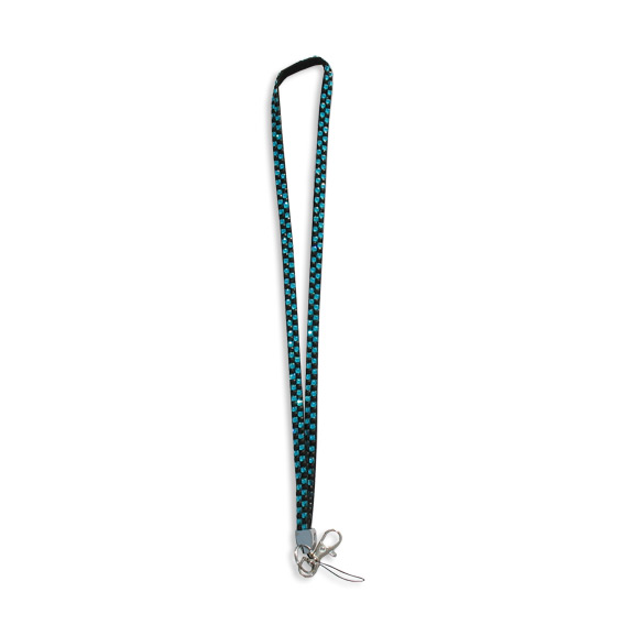 Checkered - Aqua & Black Clear Rhinestone Lanyard - Click Image to Close